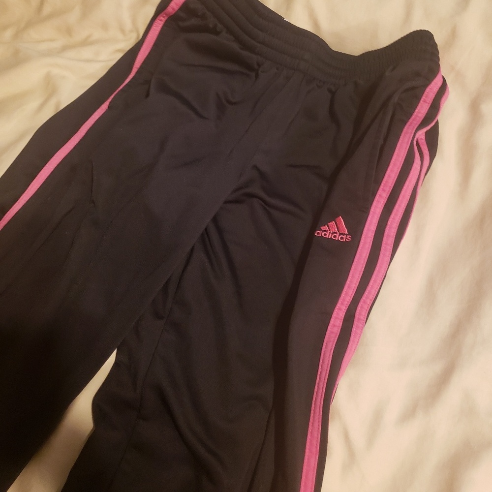 Black with pink stripes Adidas track pants